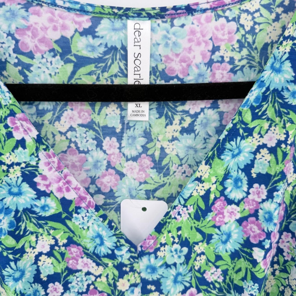 Floral V-Neck Smocked Waist Blouse - Blue / Pink - Picture 5 of 5